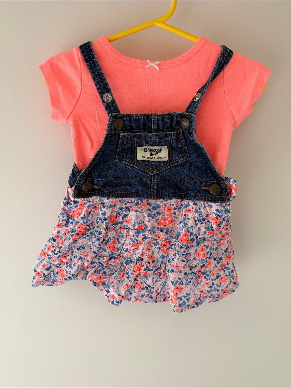 OshKosh B'gosh Coral Pink Tee with Denim Floral Overalls